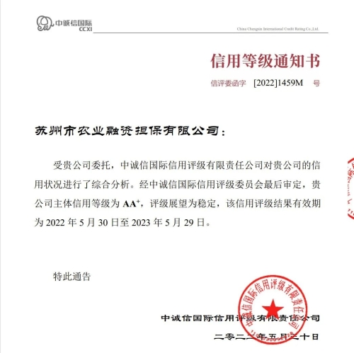 喜訊:農業擔保再獲頭部評級